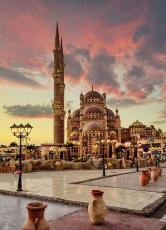 The ِAl Sahabah (companions) mosque in Sharm Al Sheikh after sunset