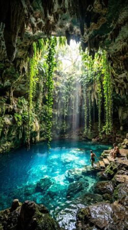 Yucatan Cenote With Sunbeams Piercing Through a Jungle Cave