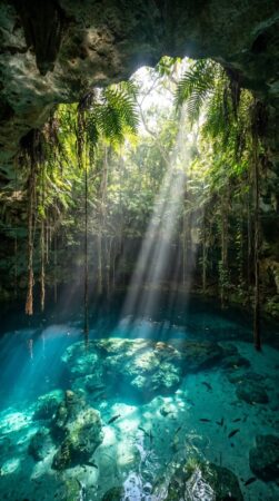 Yucatan Cenote With Sunbeams Piercing Through a Jungle Cave